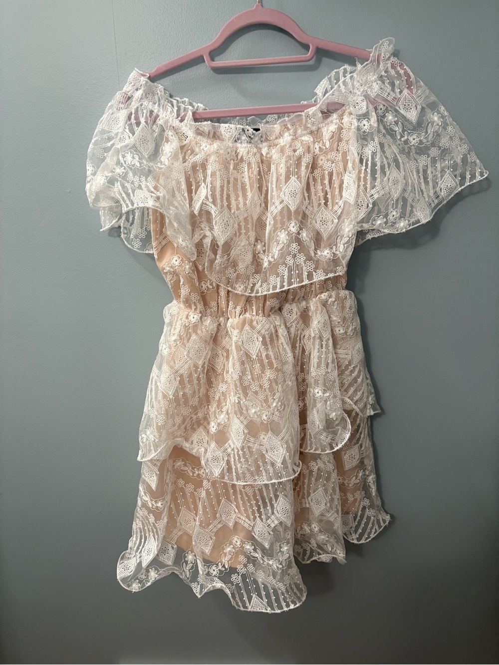 PrettyLittleThing White Lace Tiered Dress with Nude Lining